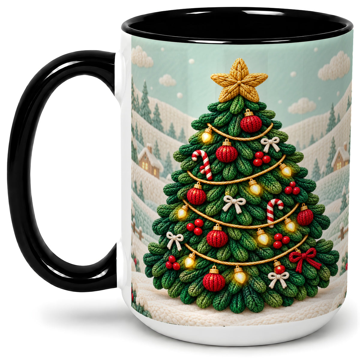 #pl[15oz|Black] Knitted Christmas Tree Accent Ceramic Mug, Cozy Winter Art
