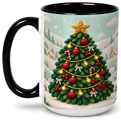 #pl[15oz|Black] Knitted Christmas Tree Accent Ceramic Mug, Cozy Winter Art