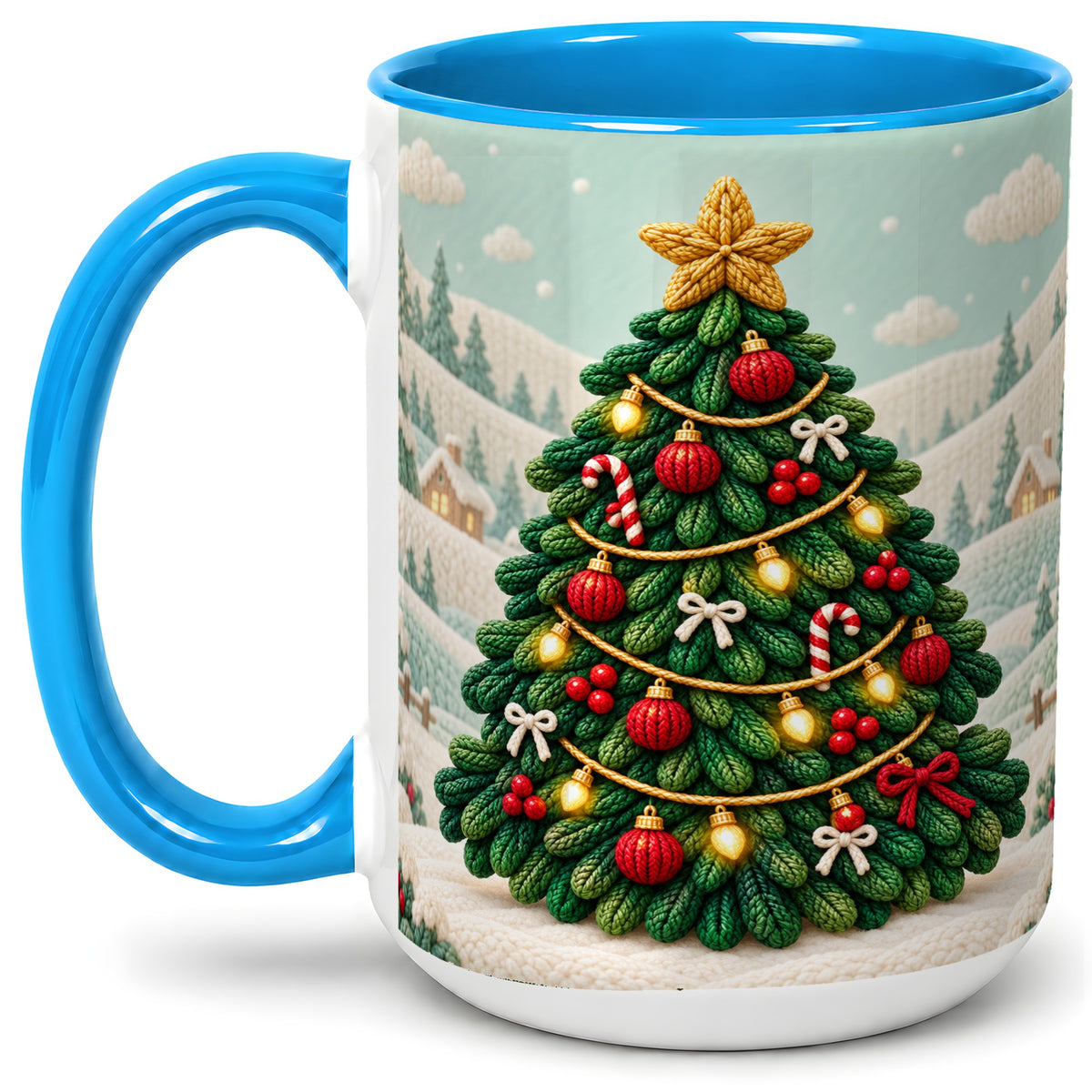 #pl[15oz|Blue] Knitted Christmas Tree Accent Ceramic Mug, Cozy Winter Art