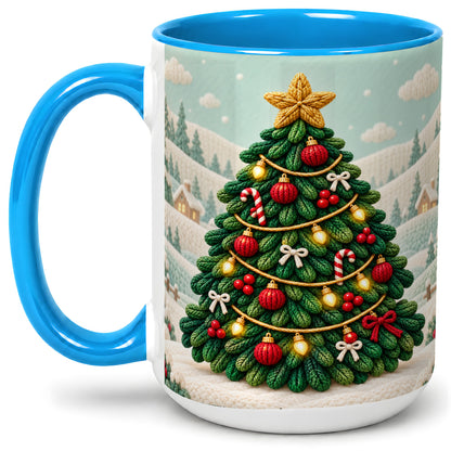 #pl[15oz|Blue] Knitted Christmas Tree Accent Ceramic Mug, Cozy Winter Art