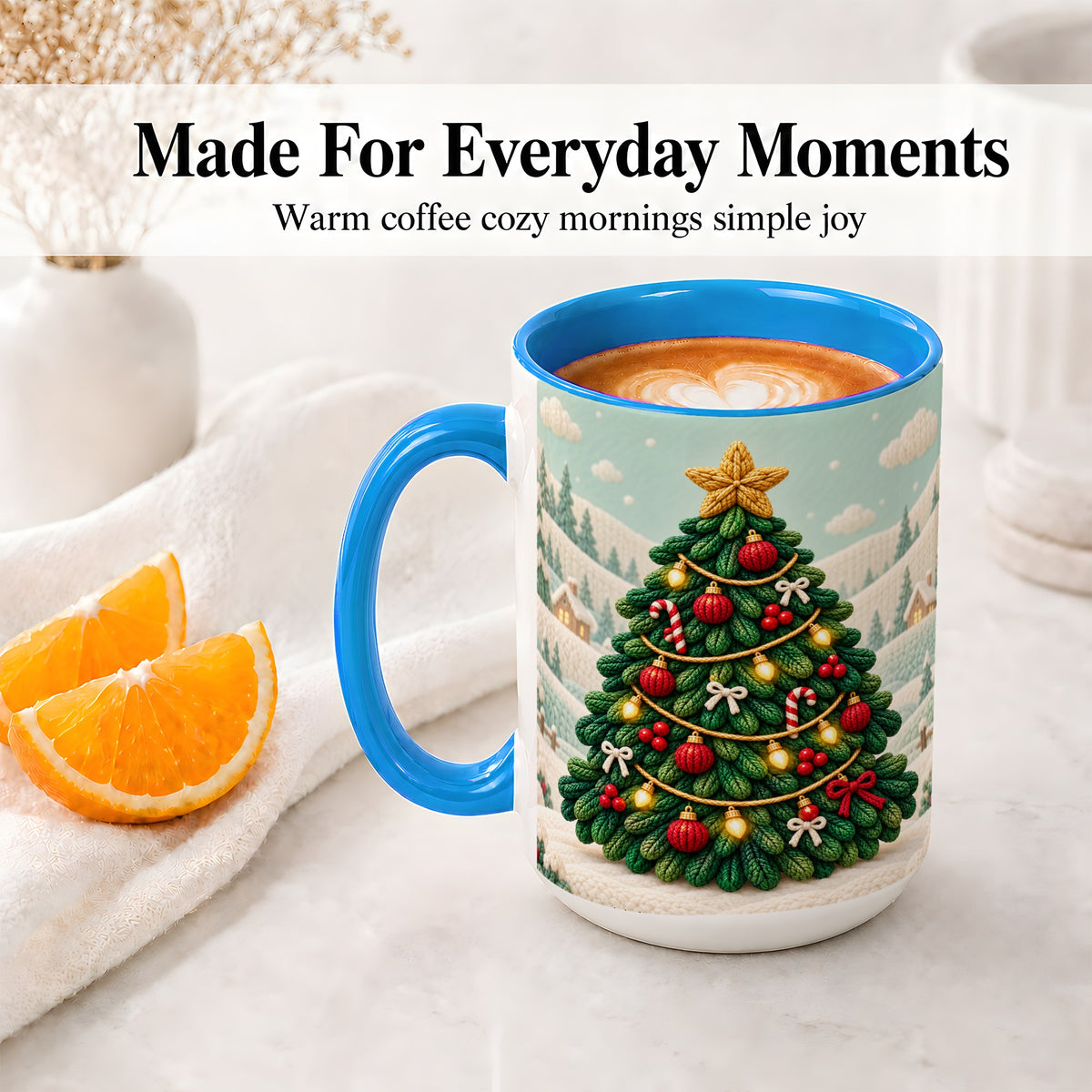#pl[15oz|Blue] Knitted Christmas Tree Accent Ceramic Mug, Cozy Winter Art