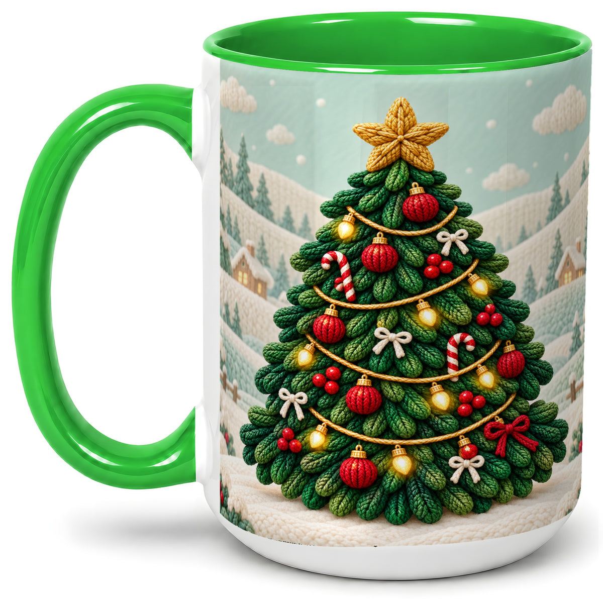 #pl[15oz|Green] Knitted Christmas Tree Accent Ceramic Mug, Cozy Winter Art