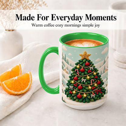 #pl[15oz|Green] Knitted Christmas Tree Accent Ceramic Mug, Cozy Winter Art