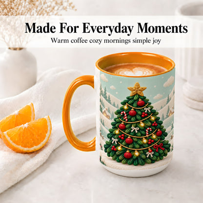 #pl[15oz|Orange] Knitted Christmas Tree Accent Ceramic Mug, Cozy Winter Art