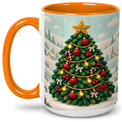 #pl[15oz|Orange] Knitted Christmas Tree Accent Ceramic Mug, Cozy Winter Art