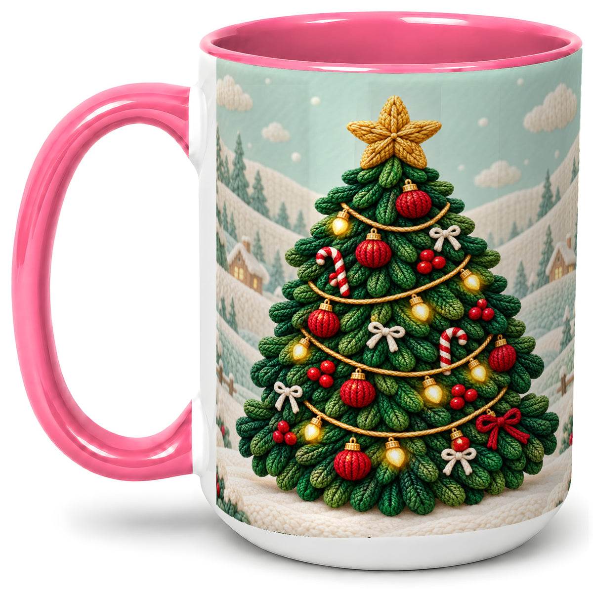 #pl[15oz|Pink] Knitted Christmas Tree Accent Ceramic Mug, Cozy Winter Art