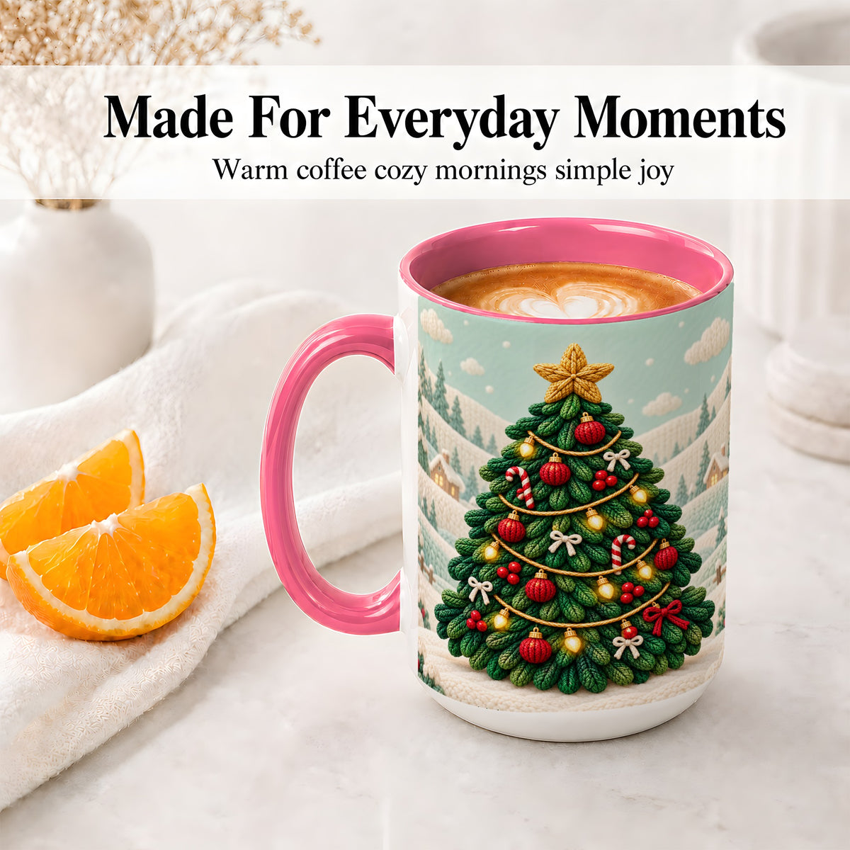 #pl[15oz|Pink] Knitted Christmas Tree Accent Ceramic Mug, Cozy Winter Art