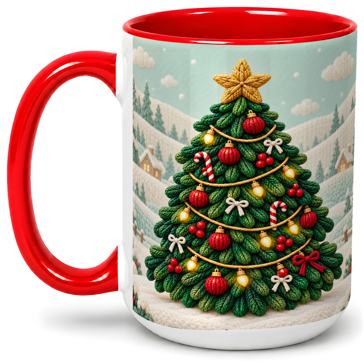 #pl[15oz|Red] Knitted Christmas Tree Accent Ceramic Mug, Cozy Winter Art