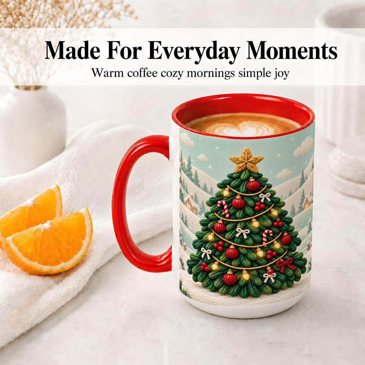 #pl[15oz|Red] Knitted Christmas Tree Accent Ceramic Mug, Cozy Winter Art