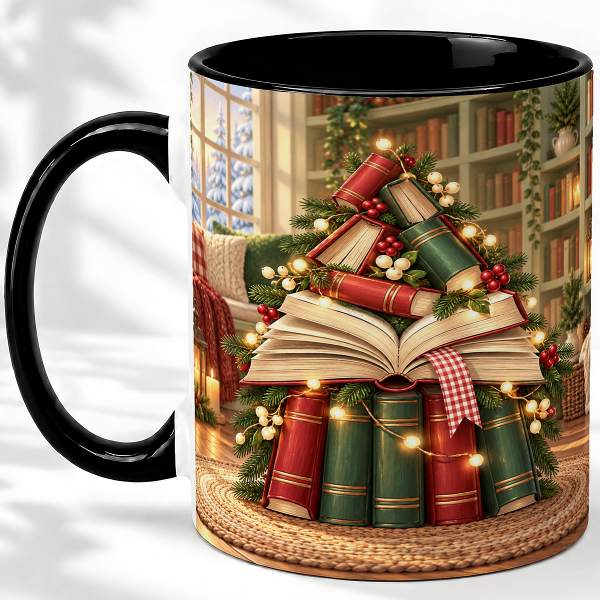 #pl[11oz|Black] Christmas Book Tree Accent Ceramic Mug, Cozy Library Art