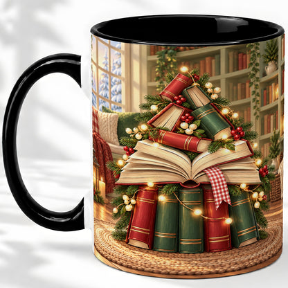 #pl[11oz|Black] Christmas Book Tree Accent Ceramic Mug, Cozy Library Art