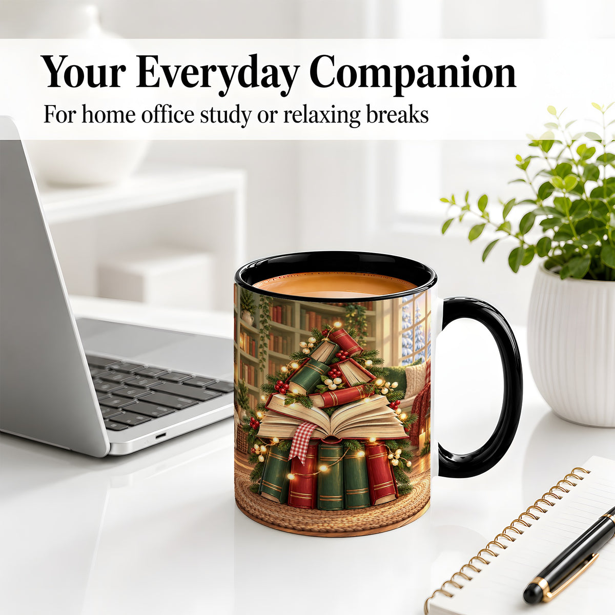 #pl[11oz|Black] Christmas Book Tree Accent Ceramic Mug, Cozy Library Art