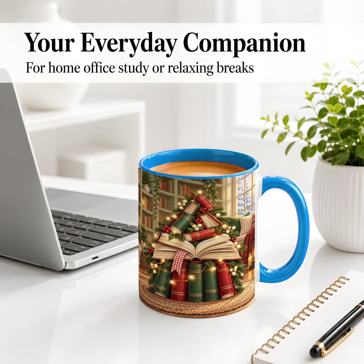 #pl[11oz|Blue] Christmas Book Tree Accent Ceramic Mug, Cozy Library Art