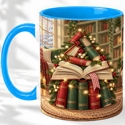 #pl[11oz|Blue] Christmas Book Tree Accent Ceramic Mug, Cozy Library Art
