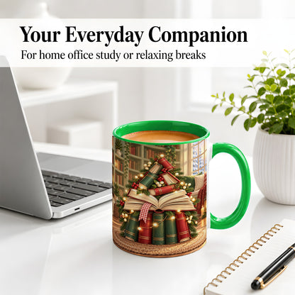 #pl[11oz|Green] Christmas Book Tree Accent Ceramic Mug, Cozy Library Art