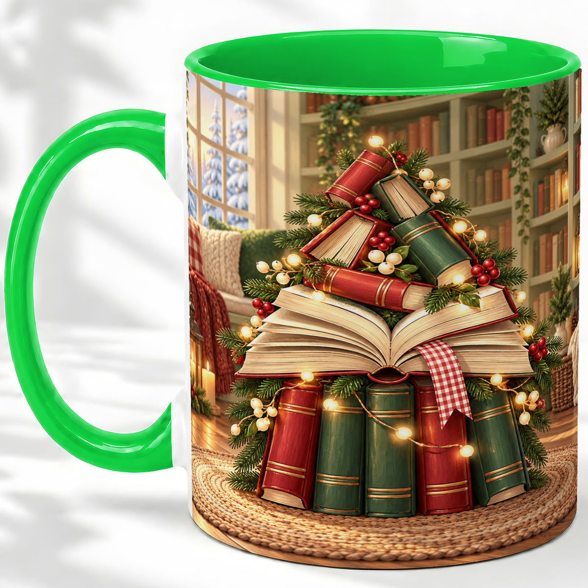 #pl[11oz|Green] Christmas Book Tree Accent Ceramic Mug, Cozy Library Art