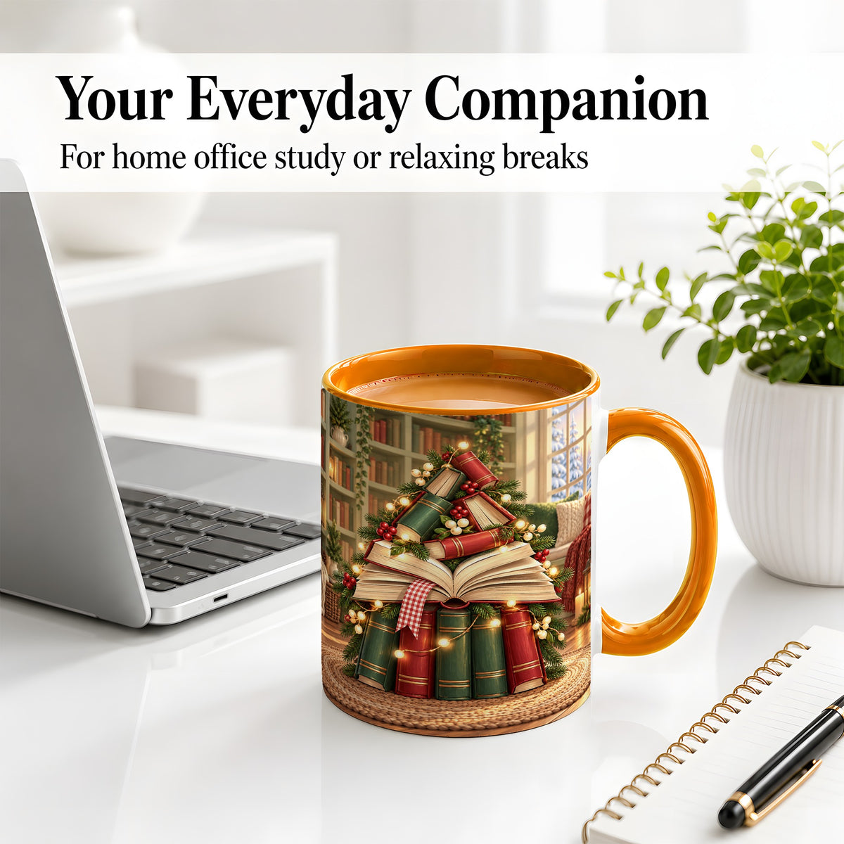 #pl[11oz|Orange] Christmas Book Tree Accent Ceramic Mug, Cozy Library Art