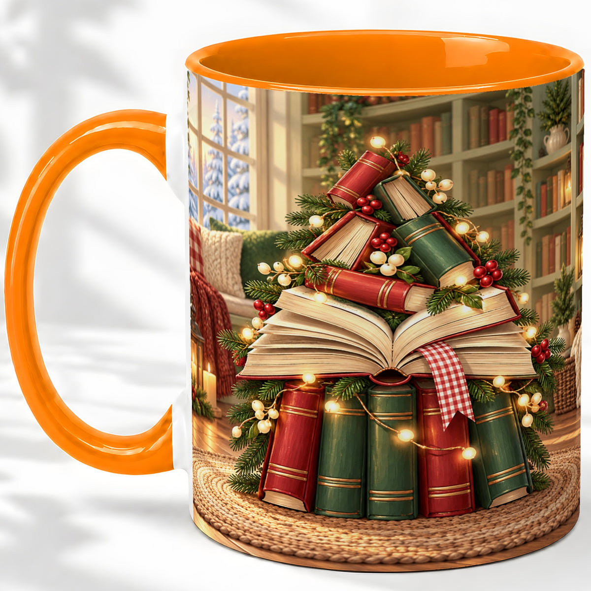#pl[11oz|Orange] Christmas Book Tree Accent Ceramic Mug, Cozy Library Art