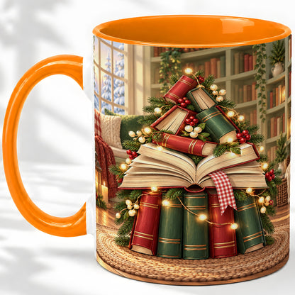 #pl[11oz|Orange] Christmas Book Tree Accent Ceramic Mug, Cozy Library Art