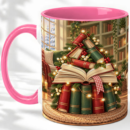 #pl[11oz|Pink] Christmas Book Tree Accent Ceramic Mug, Cozy Library Art