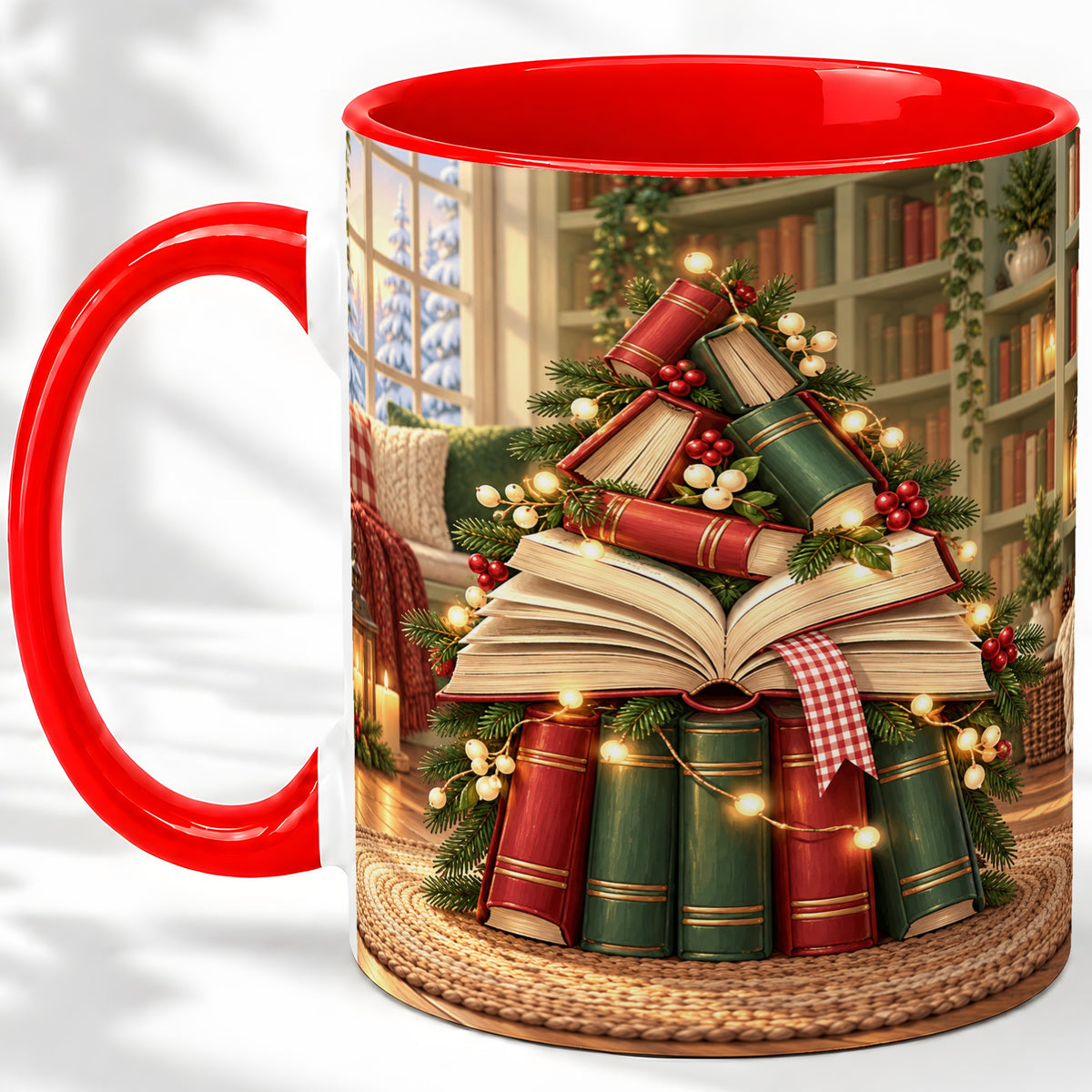 Christmas Book Tree Accent Ceramic Mug, Cozy Library Art
