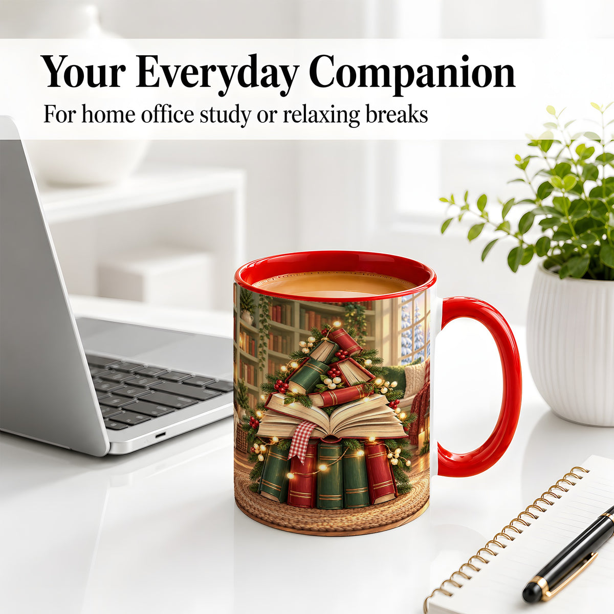 #pl[11oz|Red] Christmas Book Tree Accent Ceramic Mug, Cozy Library Art