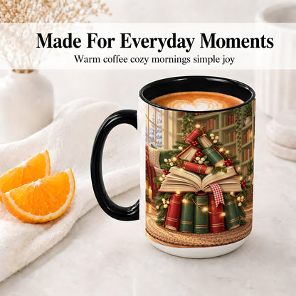 #pl[15oz|Black] Christmas Book Tree Accent Ceramic Mug, Cozy Library Art