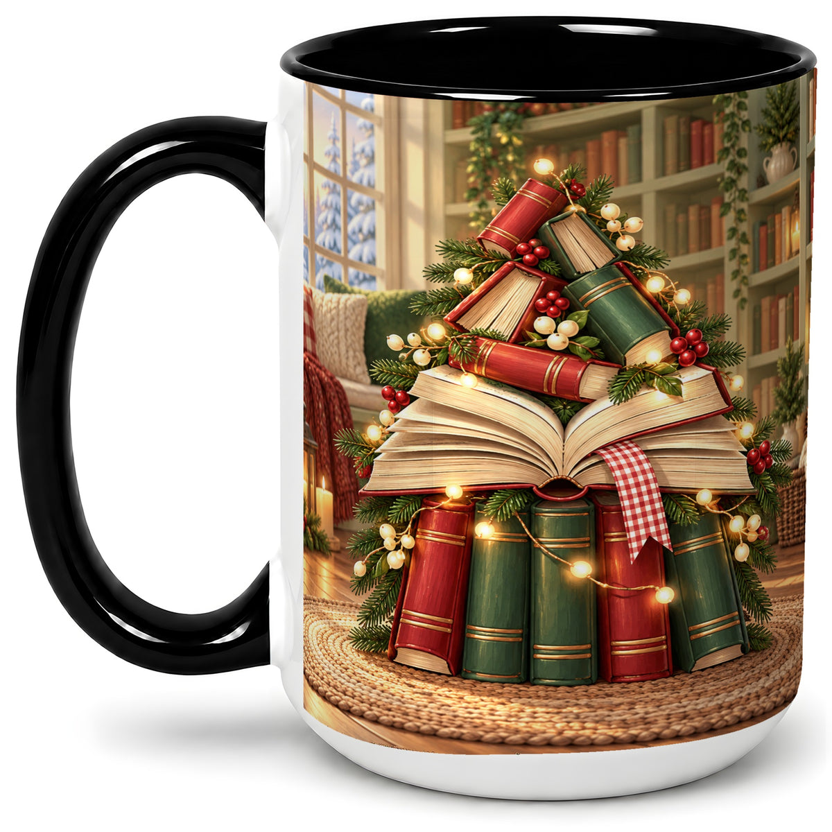 #pl[15oz|Black] Christmas Book Tree Accent Ceramic Mug, Cozy Library Art