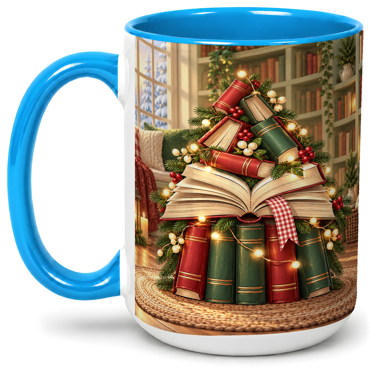 #pl[15oz|Blue] Christmas Book Tree Accent Ceramic Mug, Cozy Library Art