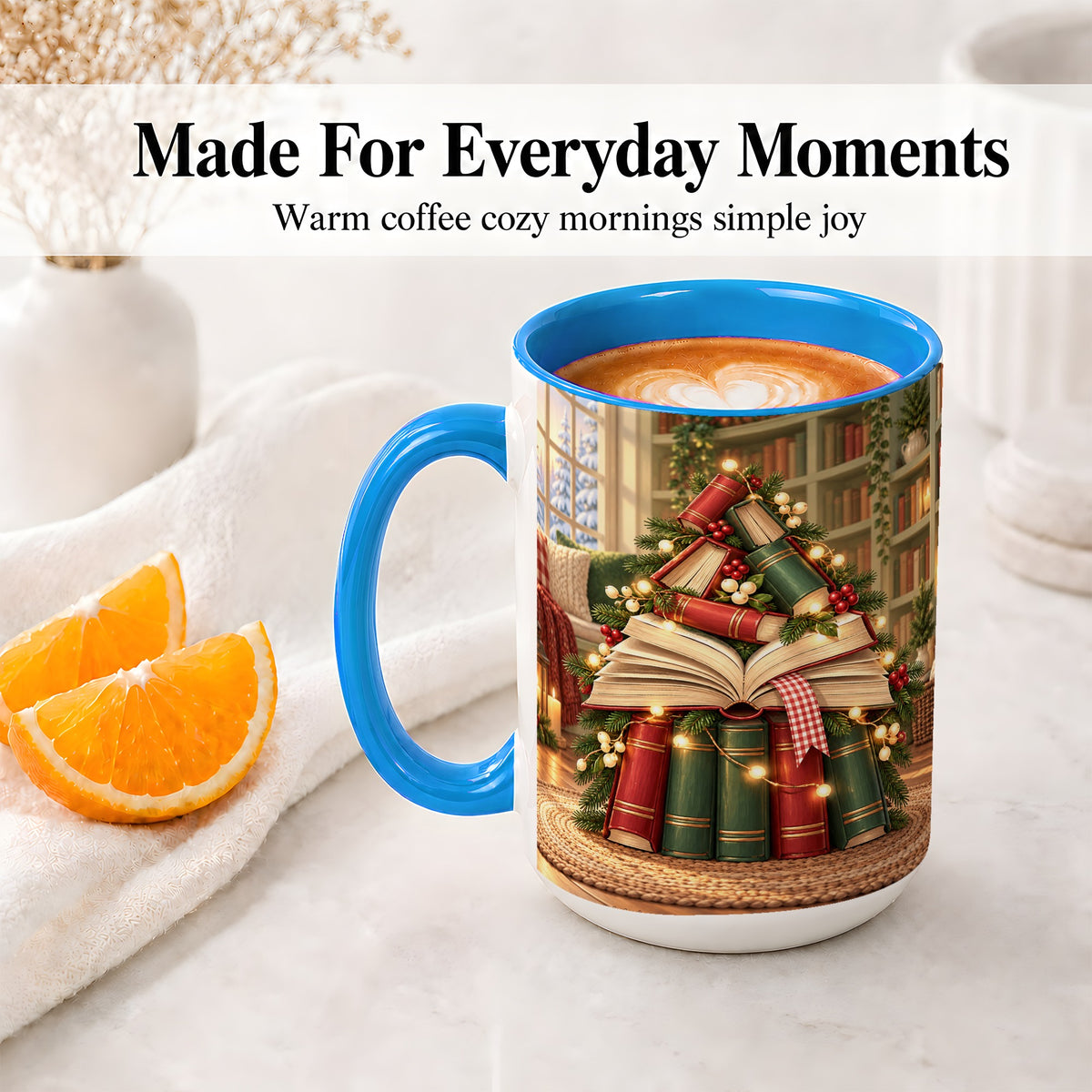 #pl[15oz|Blue] Christmas Book Tree Accent Ceramic Mug, Cozy Library Art