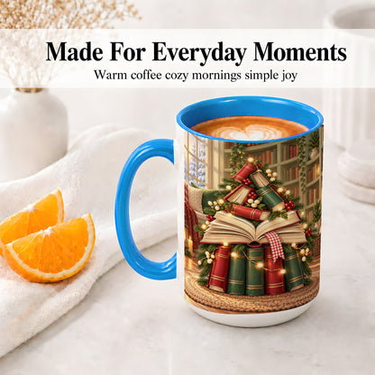 #pl[15oz|Blue] Christmas Book Tree Accent Ceramic Mug, Cozy Library Art