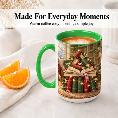 #pl[15oz|Green] Christmas Book Tree Accent Ceramic Mug, Cozy Library Art