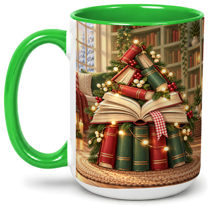 #pl[15oz|Green] Christmas Book Tree Accent Ceramic Mug, Cozy Library Art