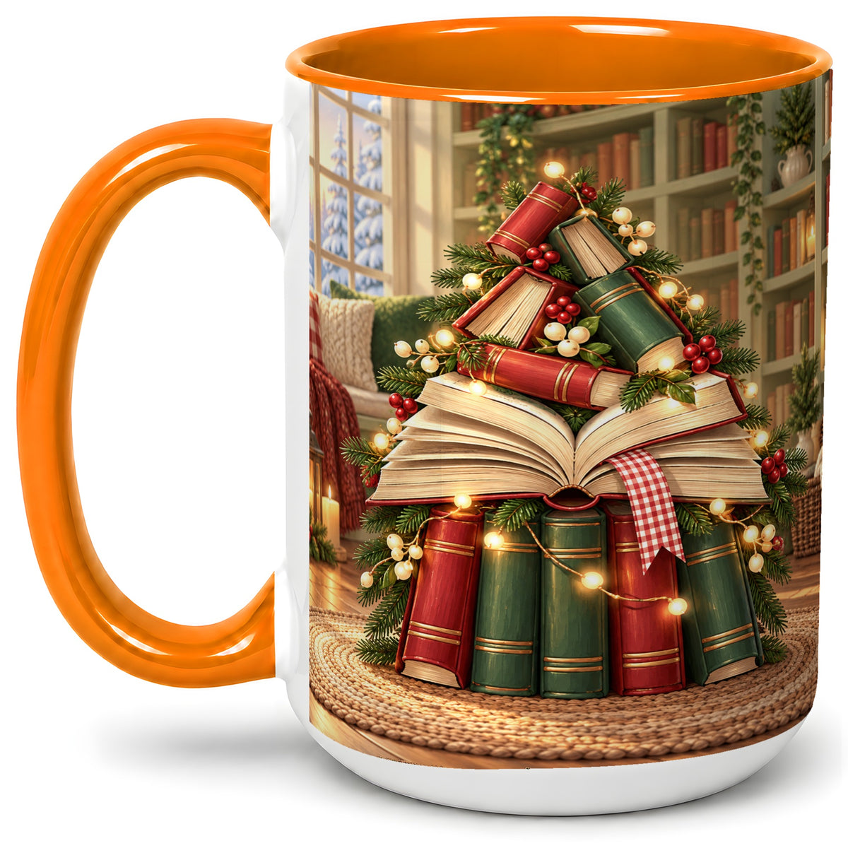 #pl[15oz|Orange] Christmas Book Tree Accent Ceramic Mug, Cozy Library Art