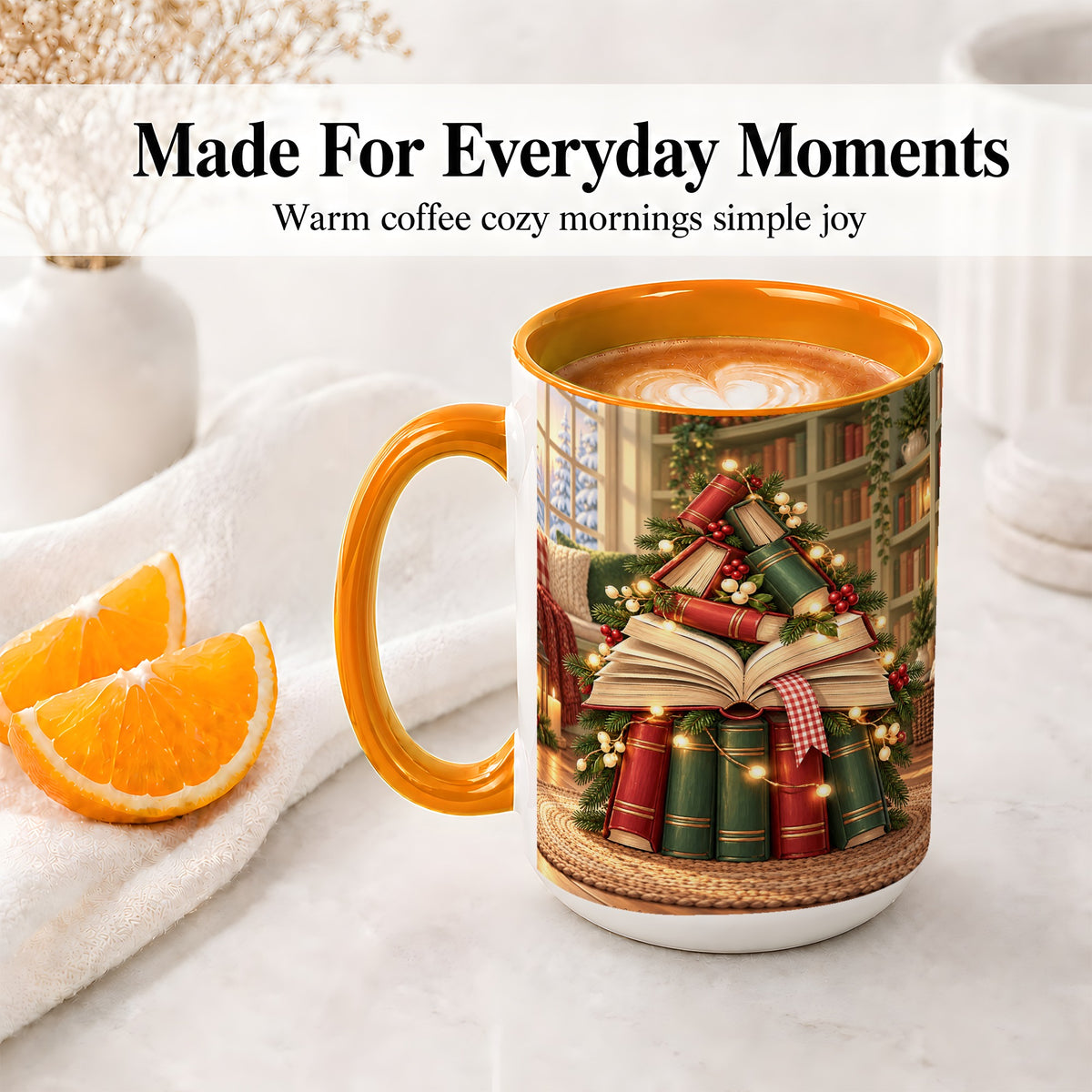 #pl[15oz|Orange] Christmas Book Tree Accent Ceramic Mug, Cozy Library Art