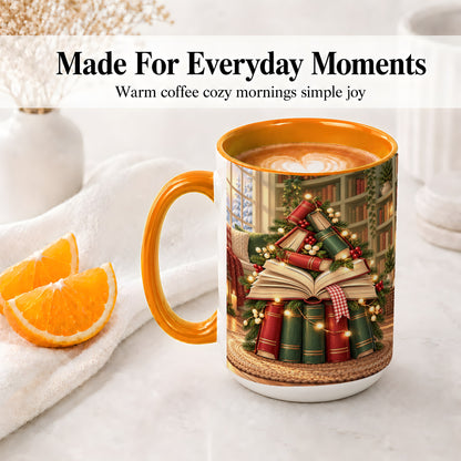 #pl[15oz|Orange] Christmas Book Tree Accent Ceramic Mug, Cozy Library Art