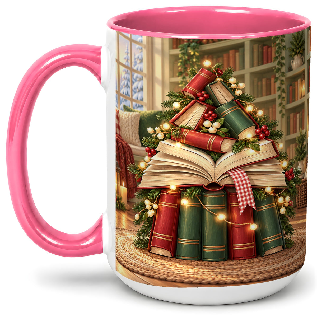 #pl[15oz|Pink] Christmas Book Tree Accent Ceramic Mug, Cozy Library Art