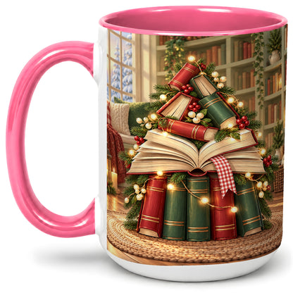 #pl[15oz|Pink] Christmas Book Tree Accent Ceramic Mug, Cozy Library Art