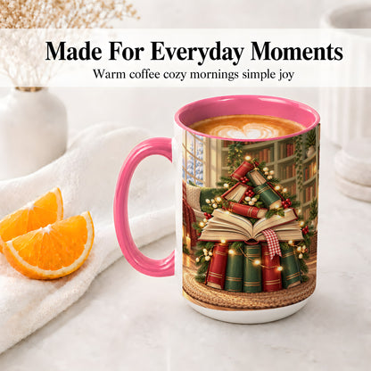 #pl[15oz|Pink] Christmas Book Tree Accent Ceramic Mug, Cozy Library Art