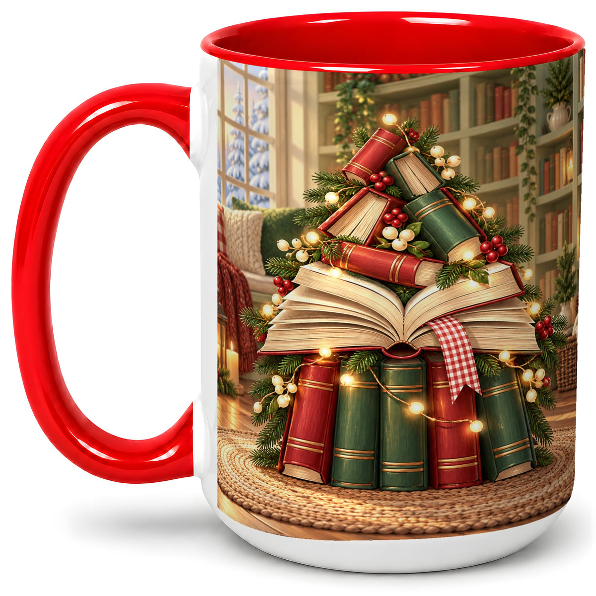 #pl[15oz|Red] Christmas Book Tree Accent Ceramic Mug, Cozy Library Art