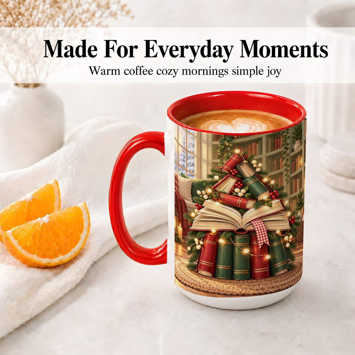 #pl[15oz|Red] Christmas Book Tree Accent Ceramic Mug, Cozy Library Art