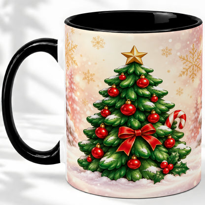 #pl[11oz|Black] Classic Christmas Tree Accent Ceramic Mug, Red Ornament Art