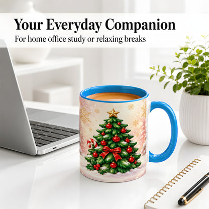 #pl[11oz|Blue] Classic Christmas Tree Accent Ceramic Mug, Red Ornament Art