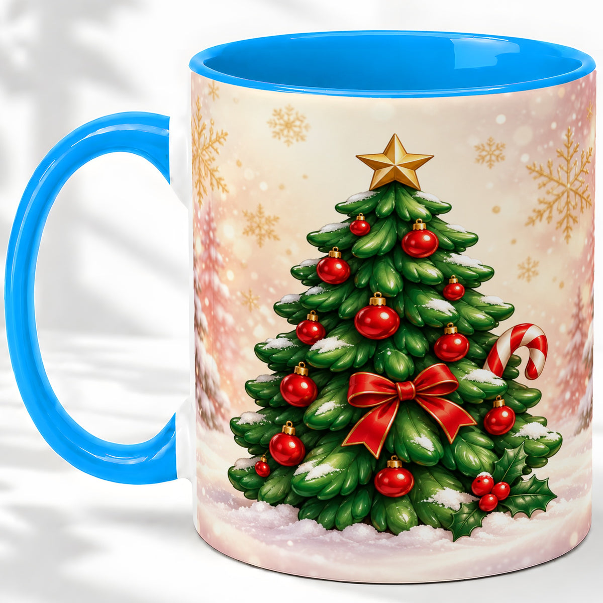 #pl[11oz|Blue] Classic Christmas Tree Accent Ceramic Mug, Red Ornament Art