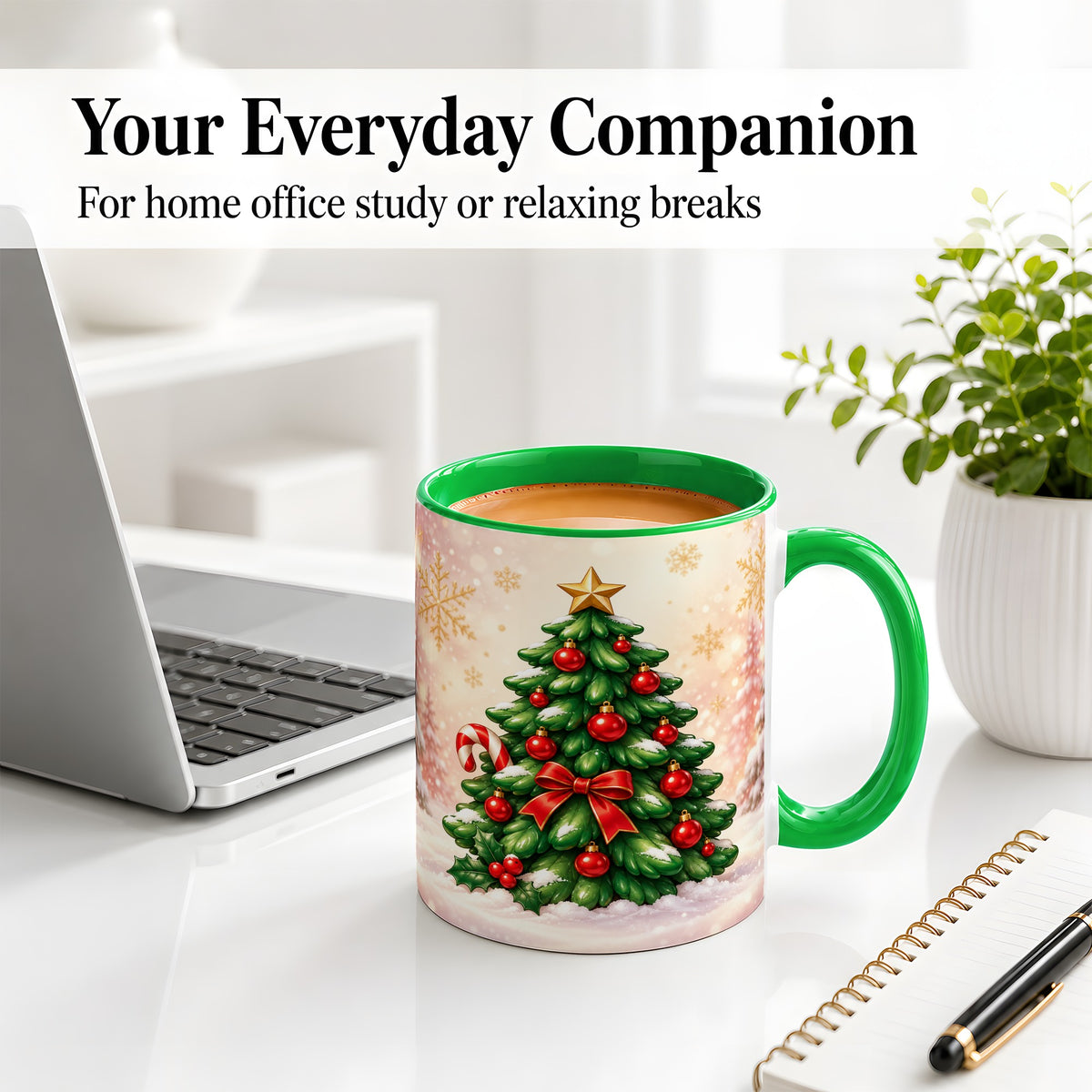 #pl[11oz|Green] Classic Christmas Tree Accent Ceramic Mug, Red Ornament Art