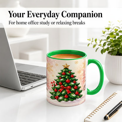 #pl[11oz|Green] Classic Christmas Tree Accent Ceramic Mug, Red Ornament Art
