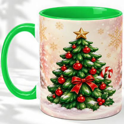 #pl[11oz|Green] Classic Christmas Tree Accent Ceramic Mug, Red Ornament Art