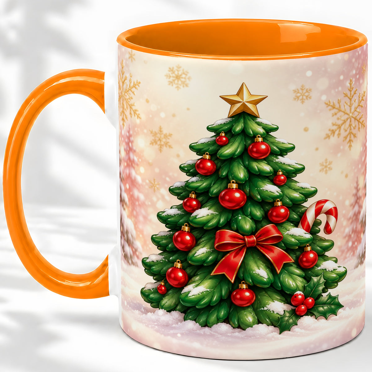 #pl[11oz|Orange] Classic Christmas Tree Accent Ceramic Mug, Red Ornament Art