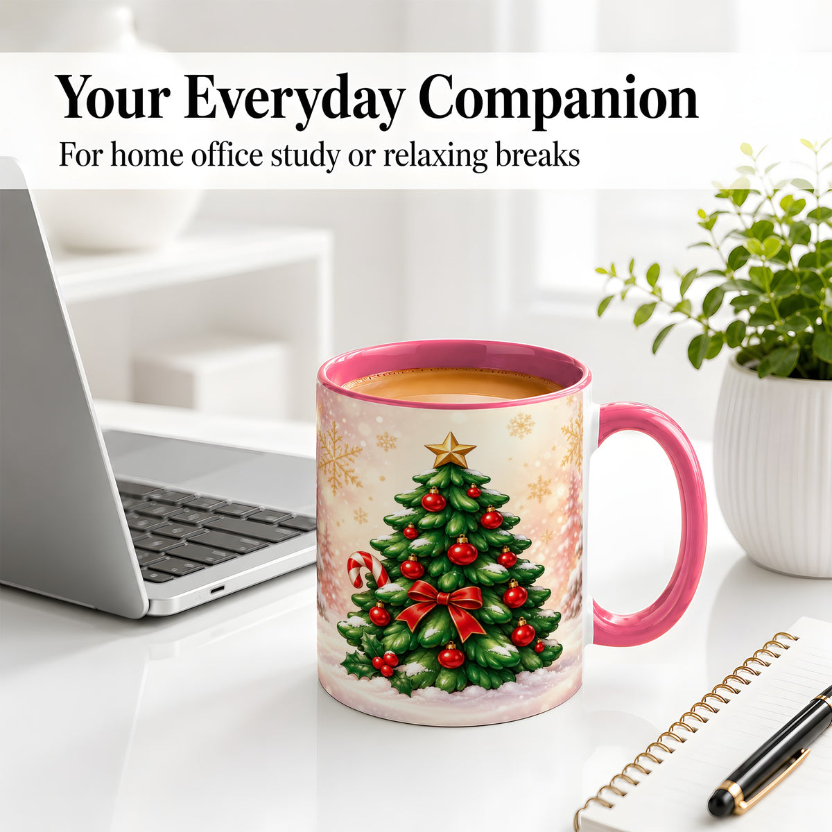 #pl[11oz|Pink] Classic Christmas Tree Accent Ceramic Mug, Red Ornament Art