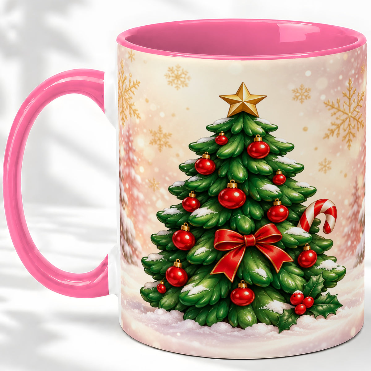 #pl[11oz|Pink] Classic Christmas Tree Accent Ceramic Mug, Red Ornament Art